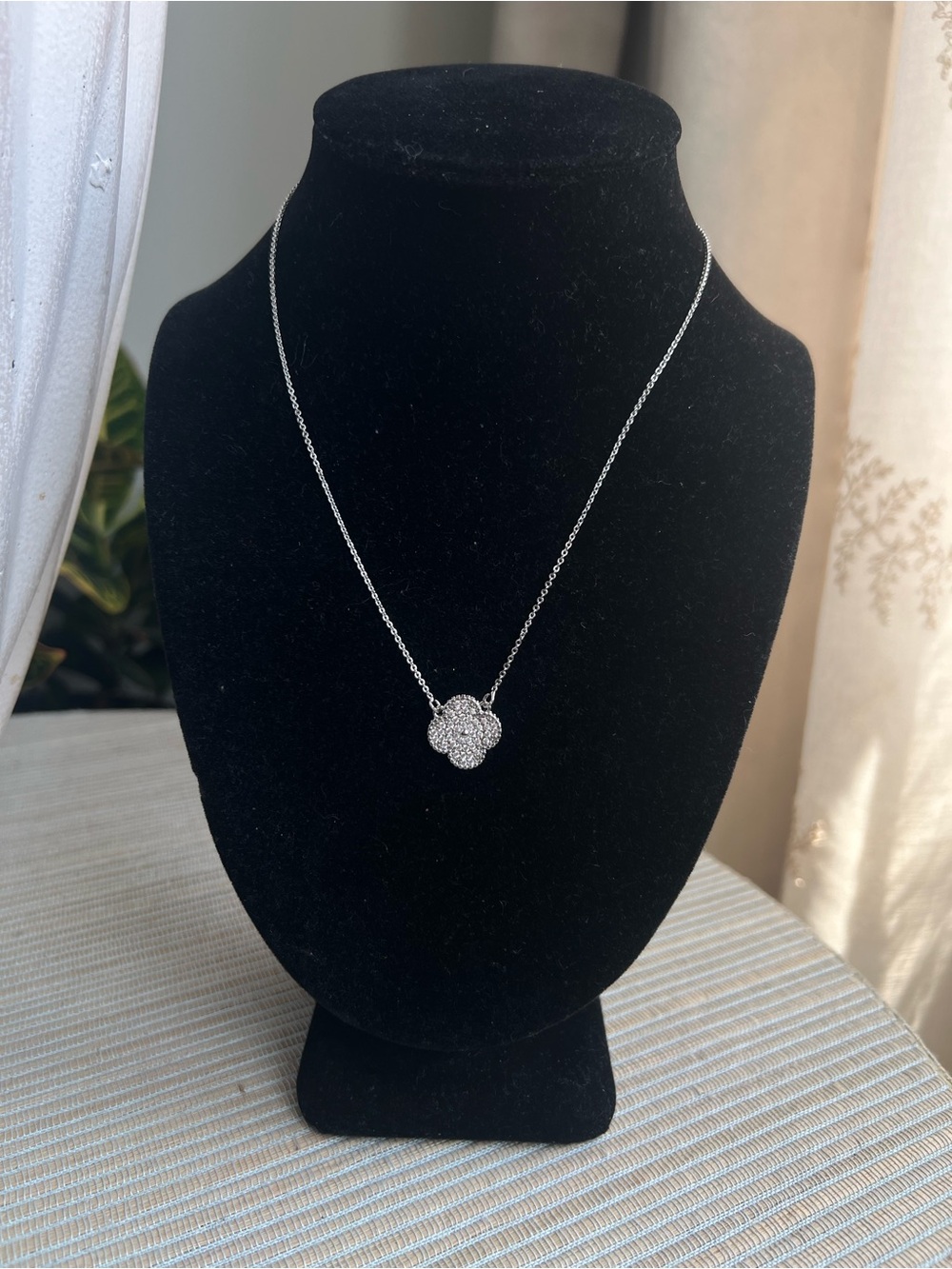 Silver Pavé Clover Pendant Necklace with round accent in the center